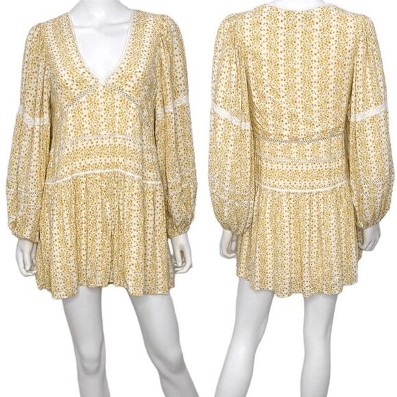 Lulus Era of Style Yellow Floral Print Long Sleeve Babydoll Mini Dress Size S - Picture 1 of 13